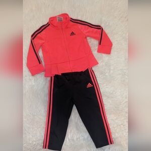 Adidas coral pink and black track suit with pleated top 18m